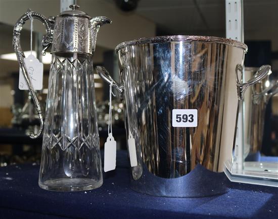 A Harrods plated wine cooler and a plate mounted claret jug.